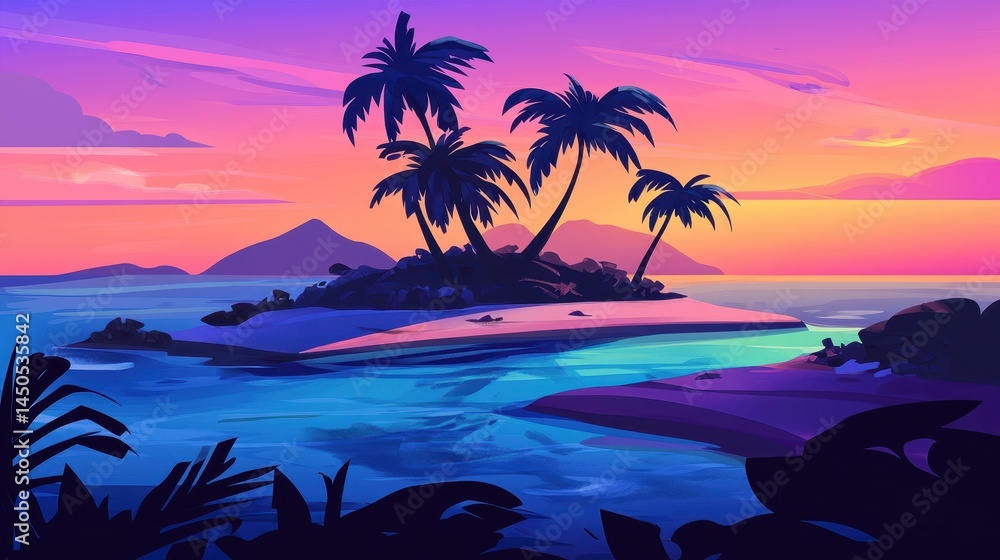 Fototapeta premium illustration of a colorful tropical sea landscape at sunset