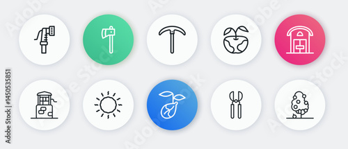 Set line Sprout, Farm house, Well, Gardening scissors, Apple, Pickaxe, Fruit tree and Sun icon. Vector