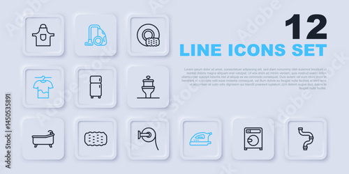 Set line Washer, Industry metallic pipe, Refrigerator, Electric iron, Drying clothes, Sponge, Vacuum cleaner and Toilet paper roll icon. Vector