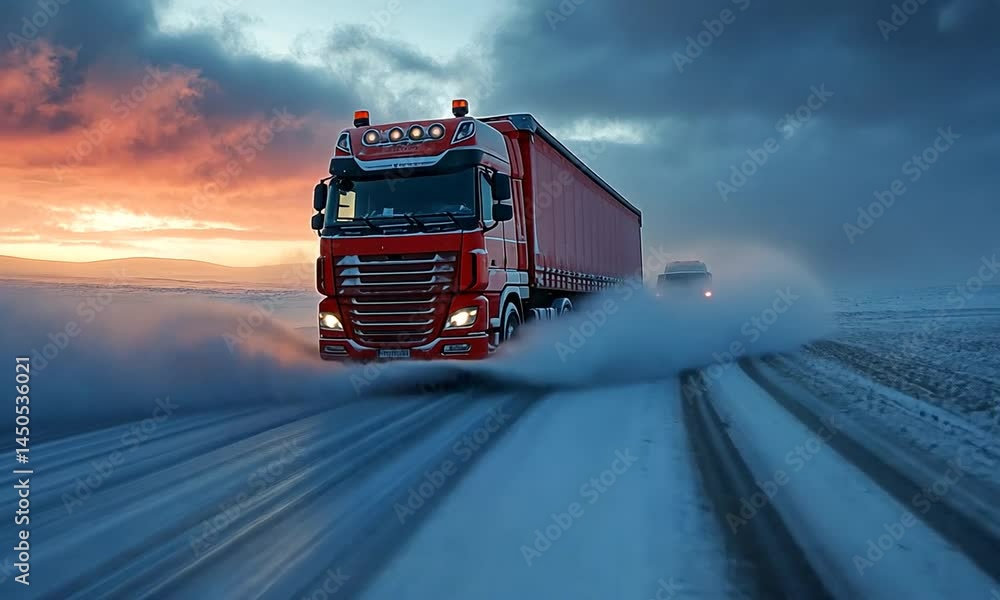 A red truck navigating a snowy road at sunset, with another vehicle in the background A red truck navigating a snowy road at sunset, with another vehicle in the background