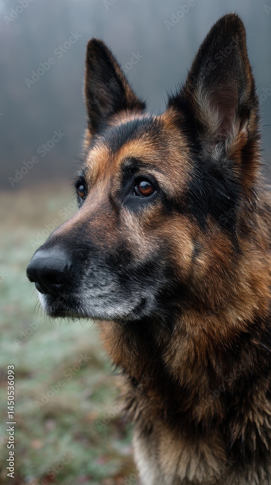 Close-up portrait of a German Shepherd in a misty setting. Close-up portrait of a German Shepherd in a misty setting.