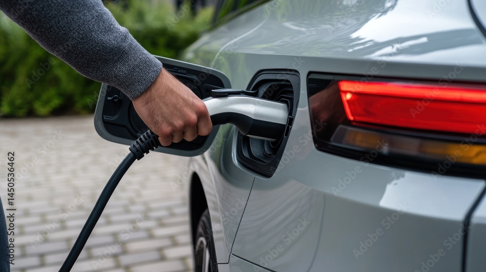 Electric vehicle charging close up hand and plug Electric vehicle charging close up hand and plug