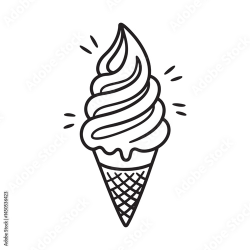 This vector illustration displays an isolated set of sweet, cold ice cream cones and scoops, a delicious frozen dessert with vanilla and chocolate flavors in a waffle cone