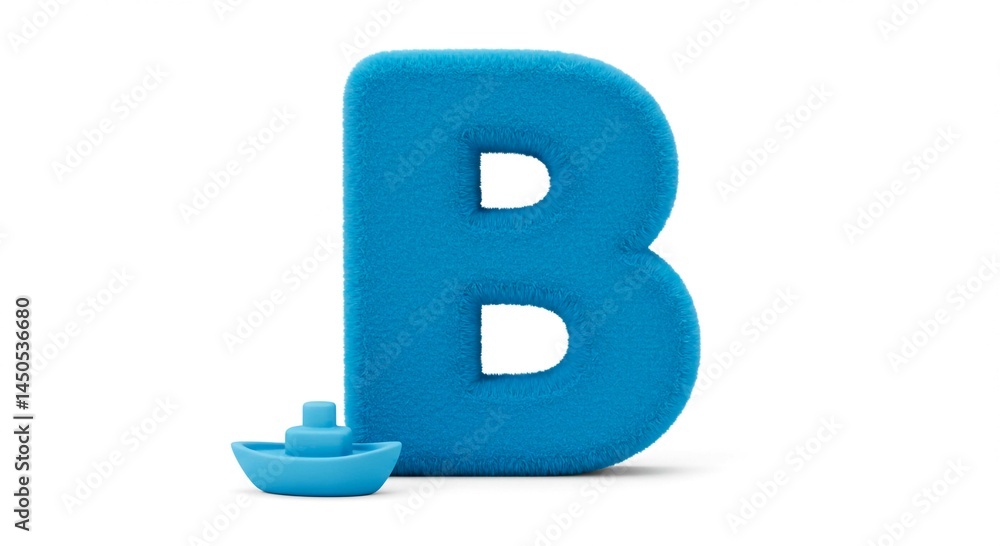 A blue letter b with a small boat toy against a white background in a studio shot for education use A blue letter b with a small boat toy against a white background in a studio shot for education use