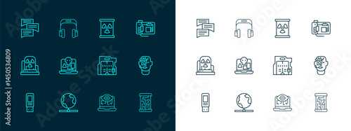 Set line Motherboard, Global technology, Futuristic sliding doors, Computer vision, Internet piracy, Radioactive waste barrel, Speech bubble chat and Headphones icon. Vector