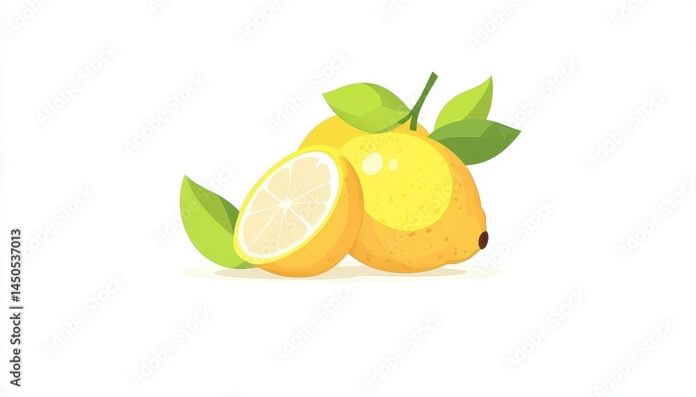 Fresh, juicy lemon halves with leaves Fresh, juicy lemon halves with leaves