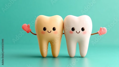 Two cute cartoon teeth, one yellow and one white, with smiling faces and arms, standing together against a teal background.