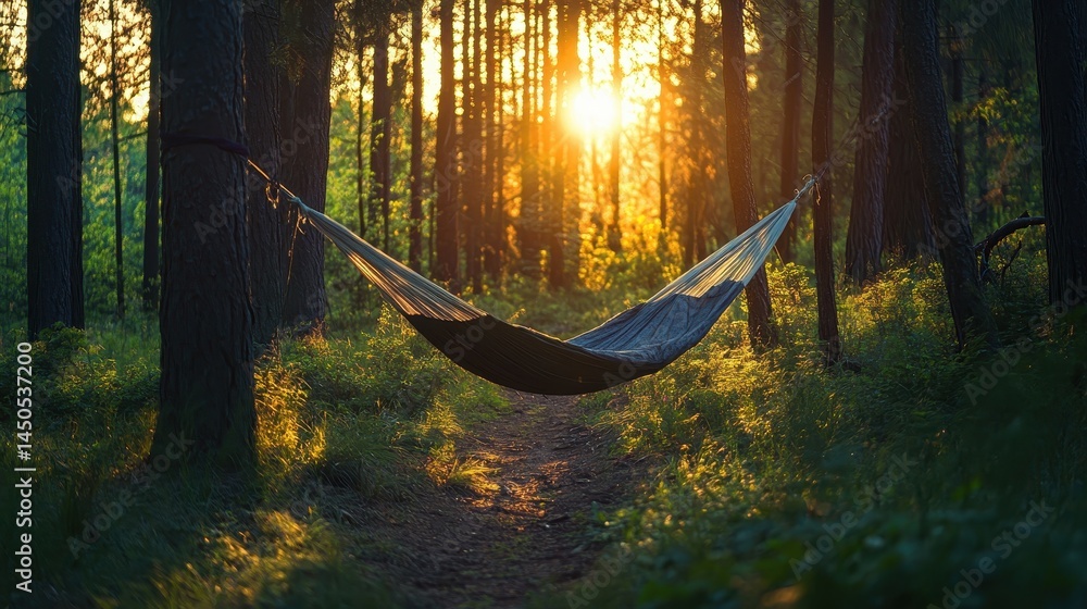 Obraz premium Tranquil Hammock Under Sunlit Forest Canopy