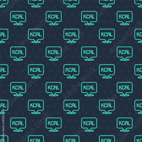Green line Kcal icon isolated on isolated seamless pattern on blue background. Health food. Vector