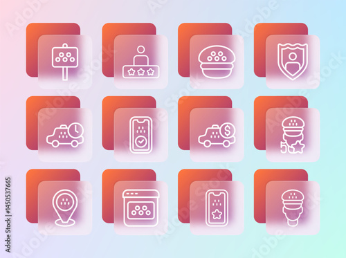 Set line Life insurance with shield, Taxi mobile app, Taximeter device, driver cap, Road sign for taxi stand and service rating icon. Vector