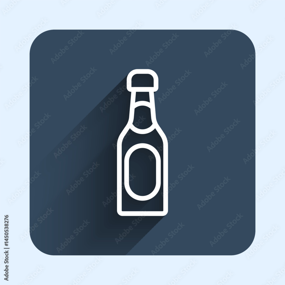 White line Champagne bottle icon isolated with long shadow background. Blue square button. Vector White line Champagne bottle icon isolated with long shadow background. Blue square button. Vector