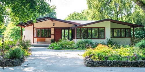 A charming, single-story house with large windows, surrounded by lush gardens and greenery under bright daylight.