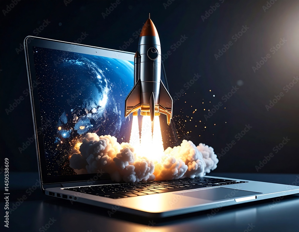 Rocket Emerging From Laptop Screen Representing Innovation and Virtual Creativity. AI Generative