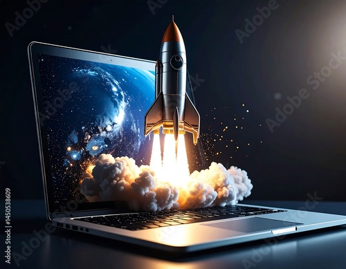 Rocket Emerging From Laptop Screen Representing Innovation and Virtual Creativity. AI Generative