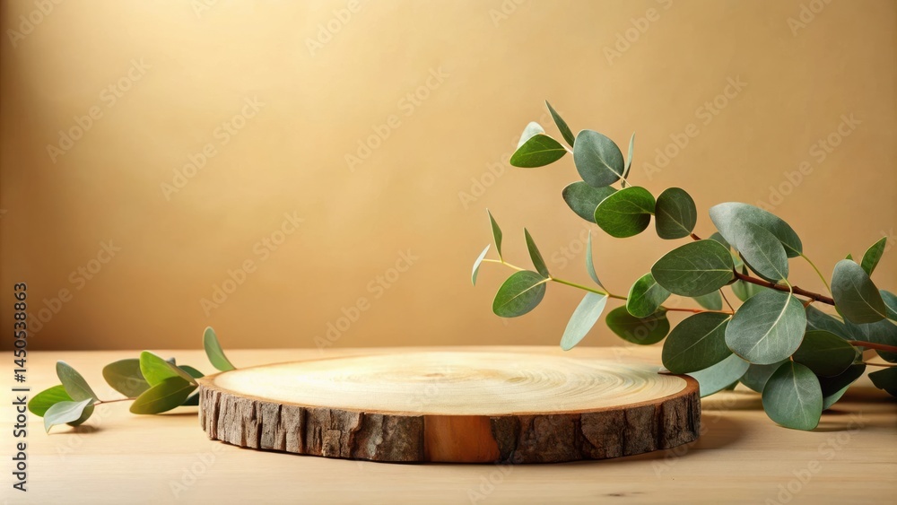 Natural Wooden Platform with Eucalyptus Branch for Product Display Natural Wooden Platform with Eucalyptus Branch for Product Display