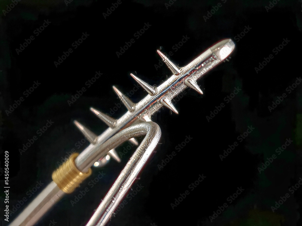 A silver and gold object with a pointed end. The object is long and thin, and it is a tool or a weapon. The image has a dark and moody atmosphere