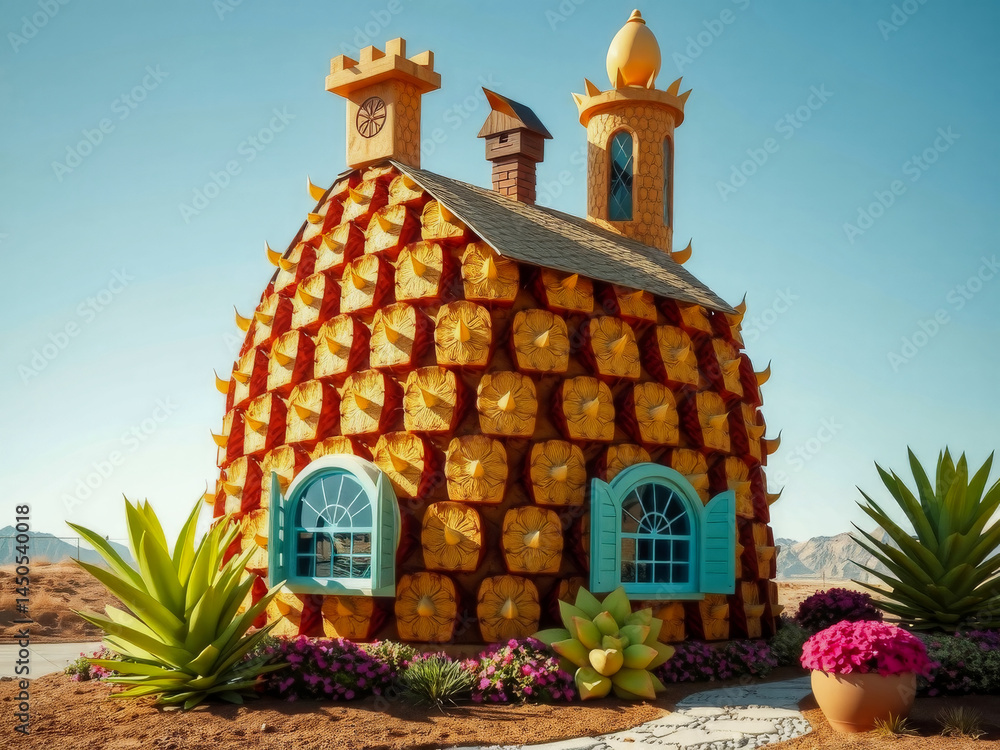 A house made of wood and plastic with a clock on the side. The house is yellow and red and has a blue window