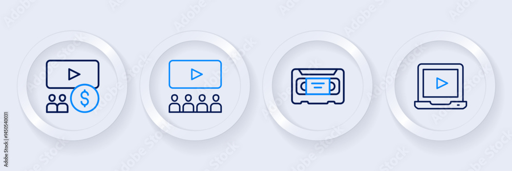 Set line Online play video, VHS cassette tape, Cinema auditorium with screen and icon. Vector Set line Online play video, VHS cassette tape, Cinema auditorium with screen and icon. Vector