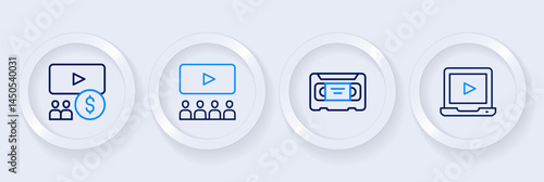 Set line Online play video, VHS cassette tape, Cinema auditorium with screen and icon. Vector