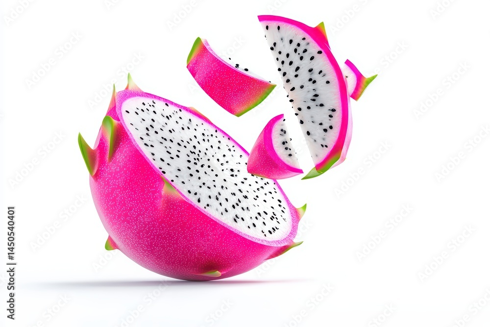 Vibrant and fresh dragon fruit slices flying in air with white background Vibrant and fresh dragon fruit slices flying in air with white background