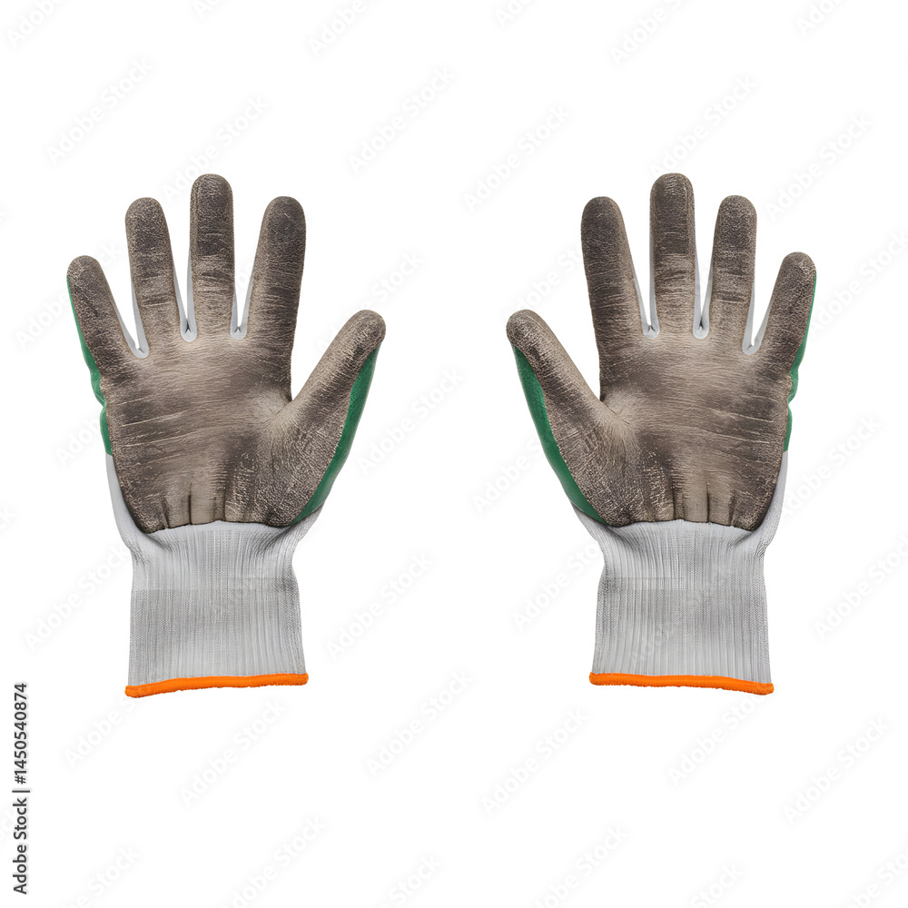 Obraz premium A pair of protective work gloves with gray palms and white cuffs displayed on a solid background on transparent background
