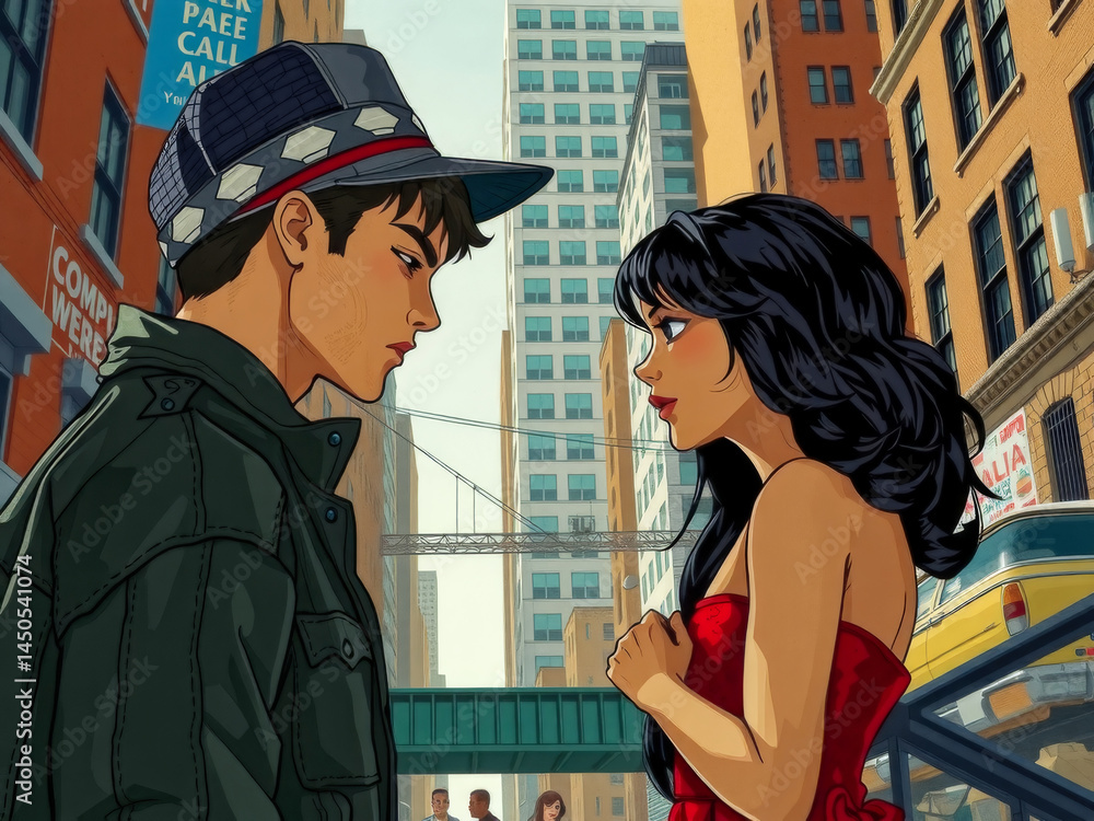 A man and a woman are standing in a city street. The man is wearing a black jacket and a hat. The woman is wearing a red dress