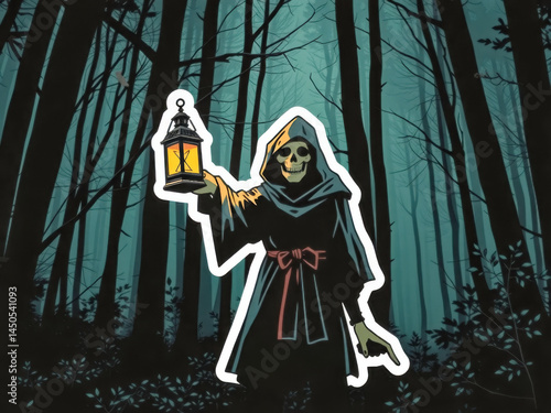 Obraz na płótnie A creepy skeleton holding a lantern in a dark forest. The lantern is lit, casting eerie shadows on the trees. Concept of mystery and fear, as the skeleton's presence in the woods is unsettling w salonie