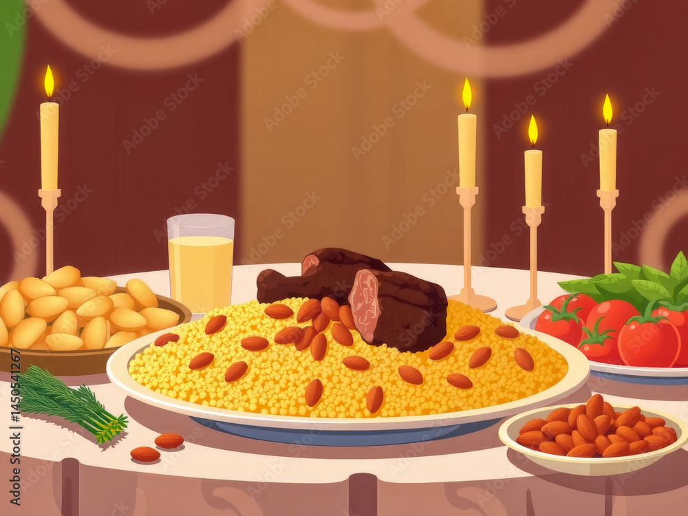 A table with a variety of food, including a plate of rice and beans, and a glass of milk