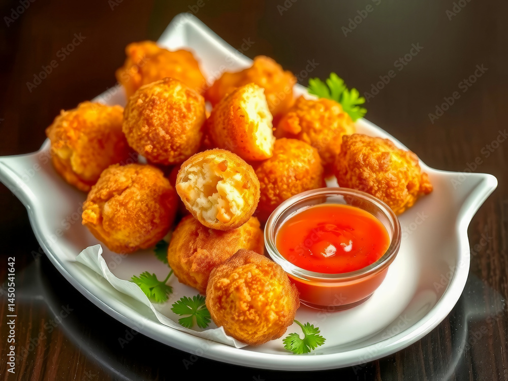 A plate of fried food with a red condiment. The food is in the shape of fish and is served on a white plate