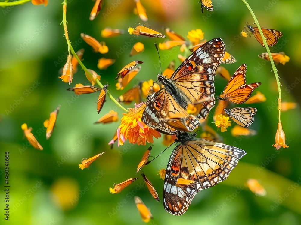 Two butterflies are eating from a flower. The butterflies are orange and black. The flowers are orange and yellow