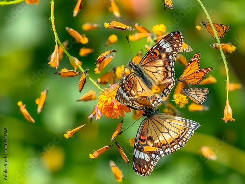 Obraz na płótnie Two butterflies are eating from a flower. The butterflies are orange and black. The flowers are orange and yellow w salonie
