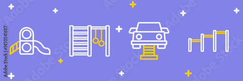 Set line Sport horizontal bar, Swing car, Swedish wall and Slide playground icon. Vector