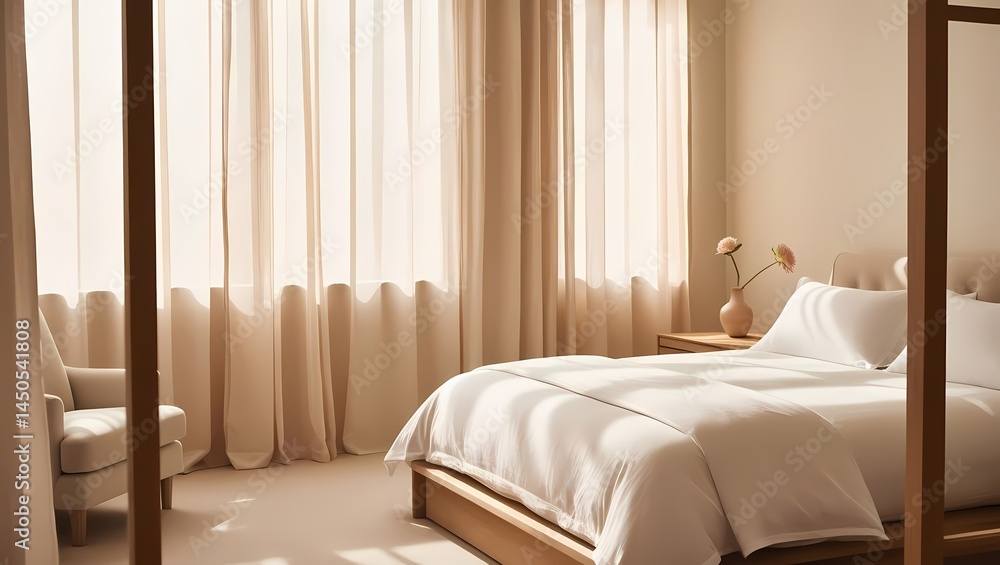 Cozy minimalist bedroom with warm natural light and soft furnishings Cozy minimalist bedroom with warm natural light and soft furnishings