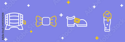 Set line Glass of beer, Leprechaun boot, Bow tie and Wooden barrel on rack icon. Vector