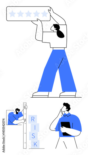 Man holding five-star rating, person measuring risk blocks, individual analyzing clipboard. Ideal for quality assurance, risk analysis, decision-making, strategy, evaluation, business growth simple