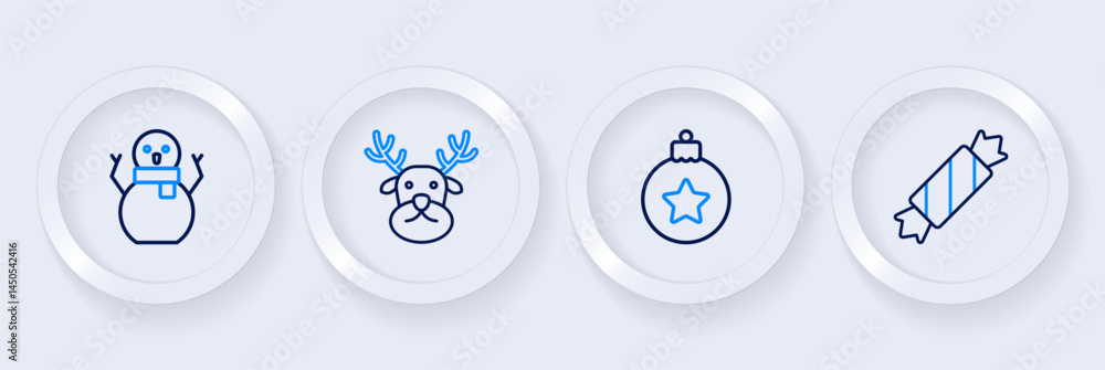 Set line Candy, Christmas ball, Reindeer and snowman icon. Vector Set line Candy, Christmas ball, Reindeer and snowman icon. Vector