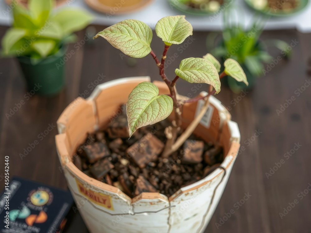 A plant in a pot with the word family on it. The plant is green and has a stem