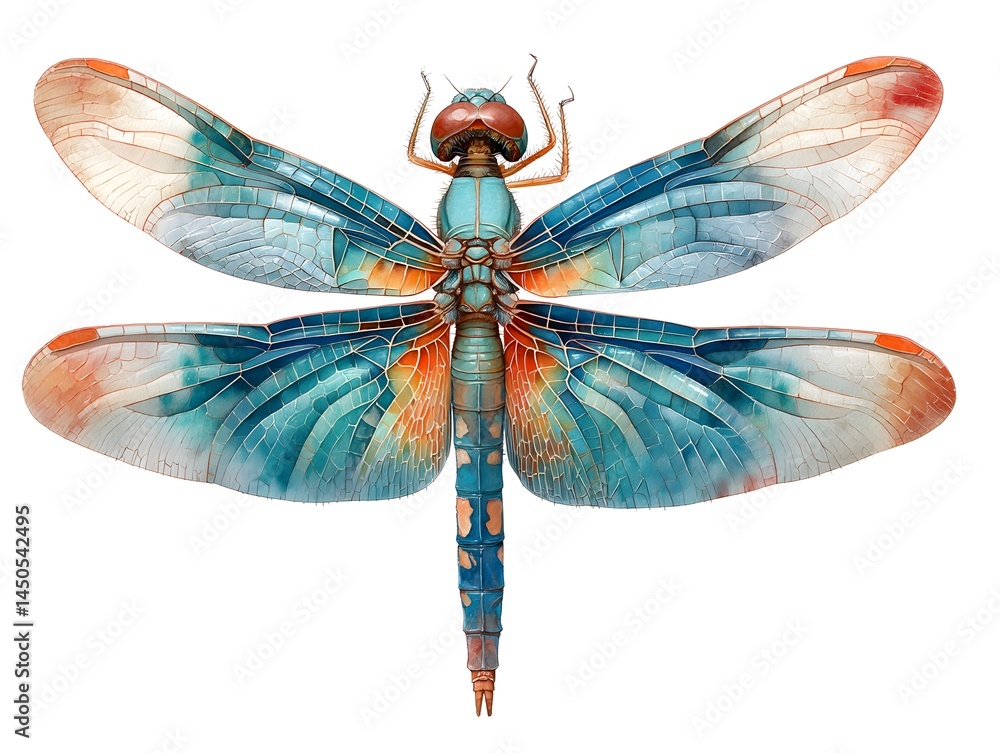 A vibrant teal and orange dragonfly with intricately detailed wings is presented against a clean white background showcasing its exquisite beauty. A vibrant teal and orange dragonfly with intricately detailed wings is presented against a clean white background showcasing its exquisite beauty.