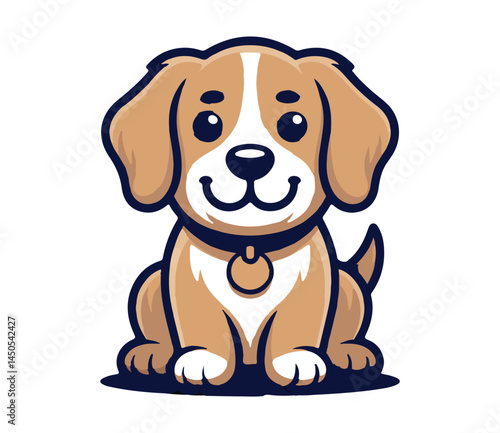 Cute cartoon-style dog vector illustration, full body, clean lines, flat colors, white background, friendly expression, sitting pose, perfect for logo or t-shirt design, high contrast, minimal shadows