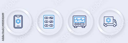 Set line Ambulance car, Monitor with cardiogram, Pills in blister pack and Emergency call 911 icon. Vector
