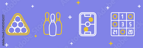 Set line Bingo card, Air hockey table, Bowling pin and Billiard balls triangle icon. Vector