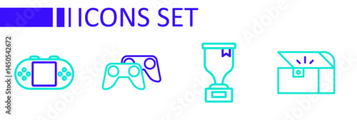 Set line Chest for game, Award cup, Game controller joystick and Portable video console icon. Vector
