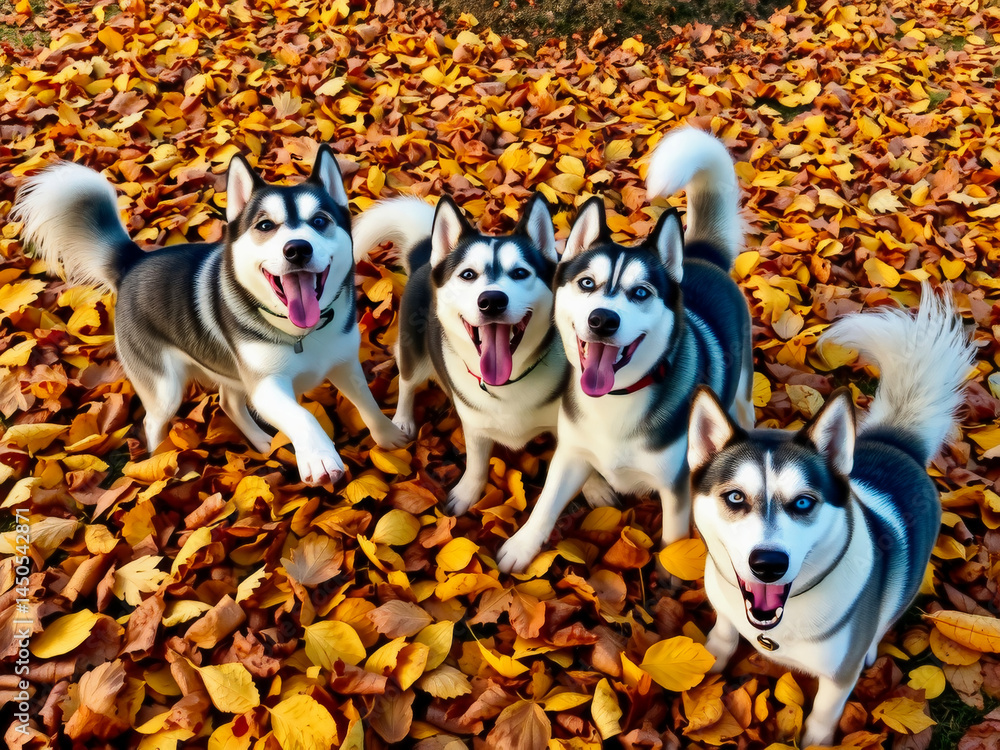 Four dogs are standing on a pile of leaves, with their tails wagging and tongues hanging out