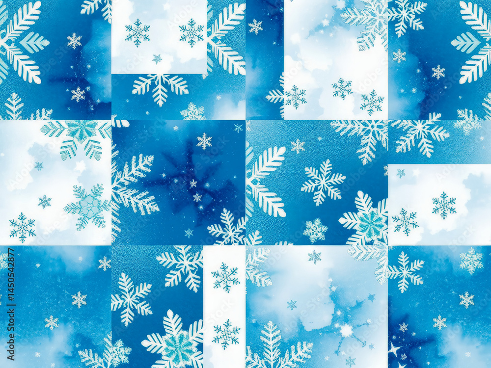 A blue and white snowflake pattern with a blue background. The snowflakes are scattered throughout the image, creating a sense of movement and energy