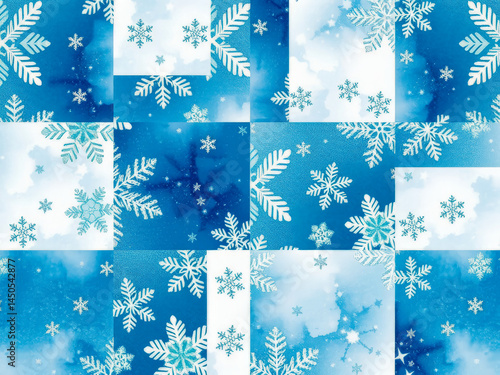 Obraz na płótnie A blue and white snowflake pattern with a blue background. The snowflakes are scattered throughout the image, creating a sense of movement and energy w salonie