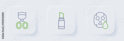 Set line Facial cosmetic mask, Lipstick and Eyelash curler icon. Vector