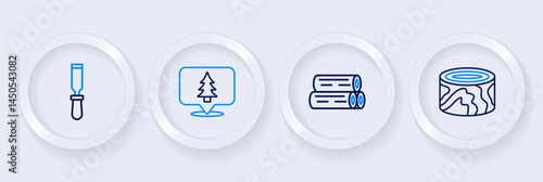 Set line Wooden logs, Location of the forest and Chisel tool icon. Vector