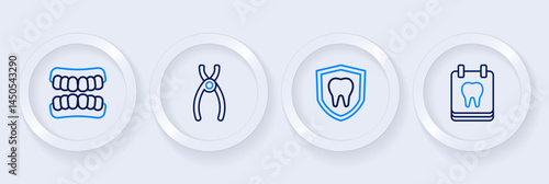 Set line Calendar with tooth, Dental protection, pliers and Dentures model icon. Vector