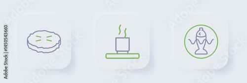 Set line Served fish on a plate, Cup of tea and Homemade pie icon. Vector