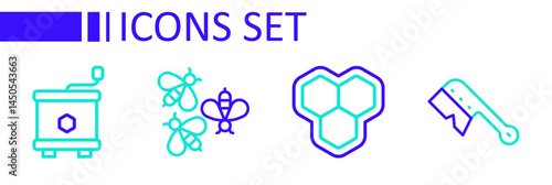 Set line Beekeeping brush, Honeycomb, Bees and extractor icon. Vector